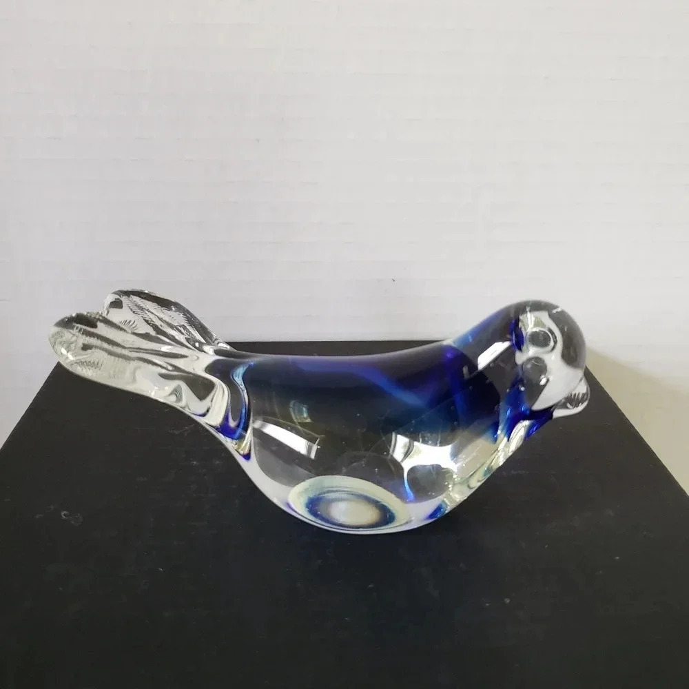Murano Style Blue,Clear Art Glass Sitting Bird Paperweight .